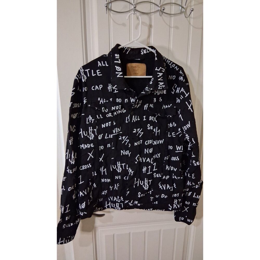 Rue21 Men’s XL Black Graffiti Print Denim Trucker Jacket Hustle Savage Strtwear